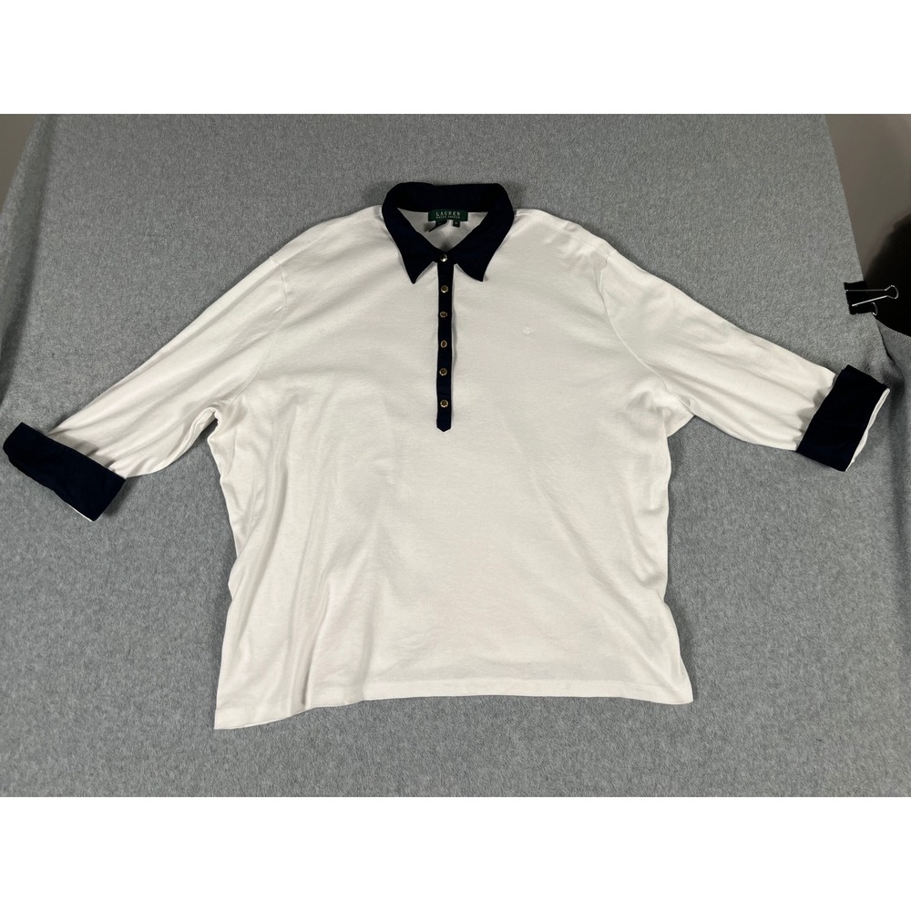 Lauren Ralph Lauren Womens 3X White Navy Polo Shirt Gold Crest Buttons Cotton